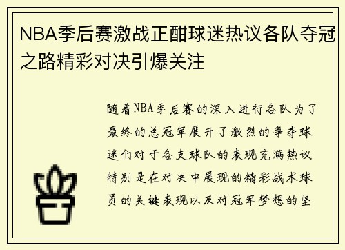 NBA季后赛激战正酣球迷热议各队夺冠之路精彩对决引爆关注