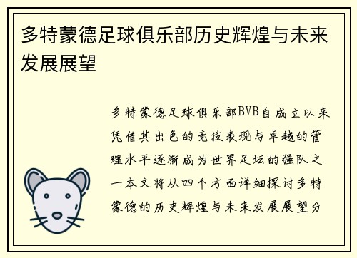 多特蒙德足球俱乐部历史辉煌与未来发展展望