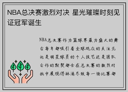 NBA总决赛激烈对决 星光璀璨时刻见证冠军诞生