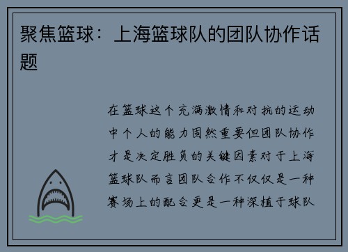 聚焦篮球：上海篮球队的团队协作话题