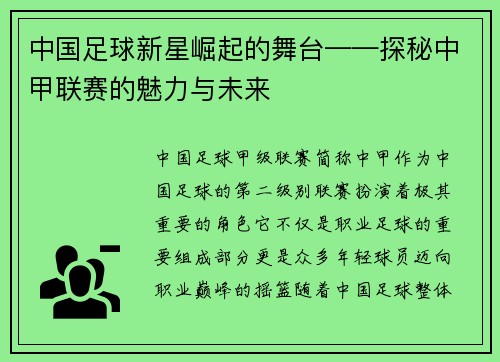 中国足球新星崛起的舞台——探秘中甲联赛的魅力与未来