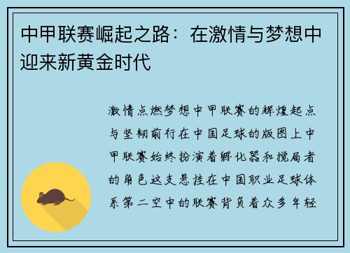 中甲联赛崛起之路：在激情与梦想中迎来新黄金时代