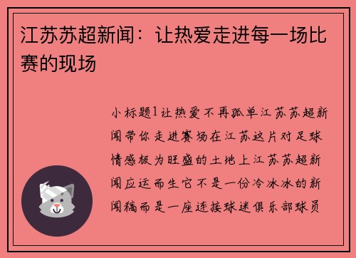 江苏苏超新闻：让热爱走进每一场比赛的现场