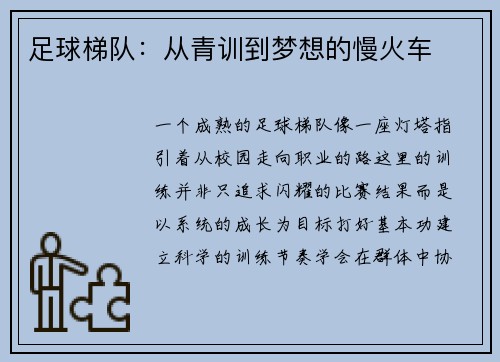 足球梯队：从青训到梦想的慢火车